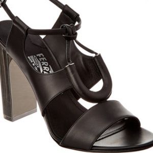 Salvatore Ferragamo Galilea Leather Black Mirrored Heels Sandals EUC Size 7